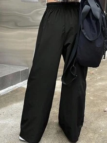 Livesso Tall 女款彈性腰側邊對比色織帶印花休閒寬鬆長褲 夏季 - 黑色 - 查看 2