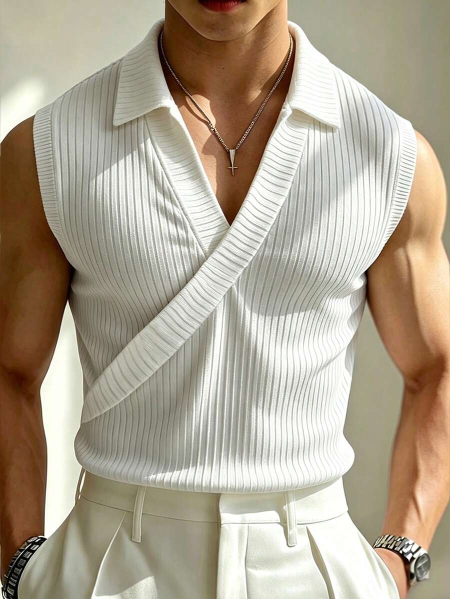 Manfinity Homme 男士大尺碼純白色羅紋 Polo 領無袖上衣,時尚修身背心,休閒夏季度假,復古 Y2K 優雅套頭衫,度假穿搭 - 白色 - 查看 1