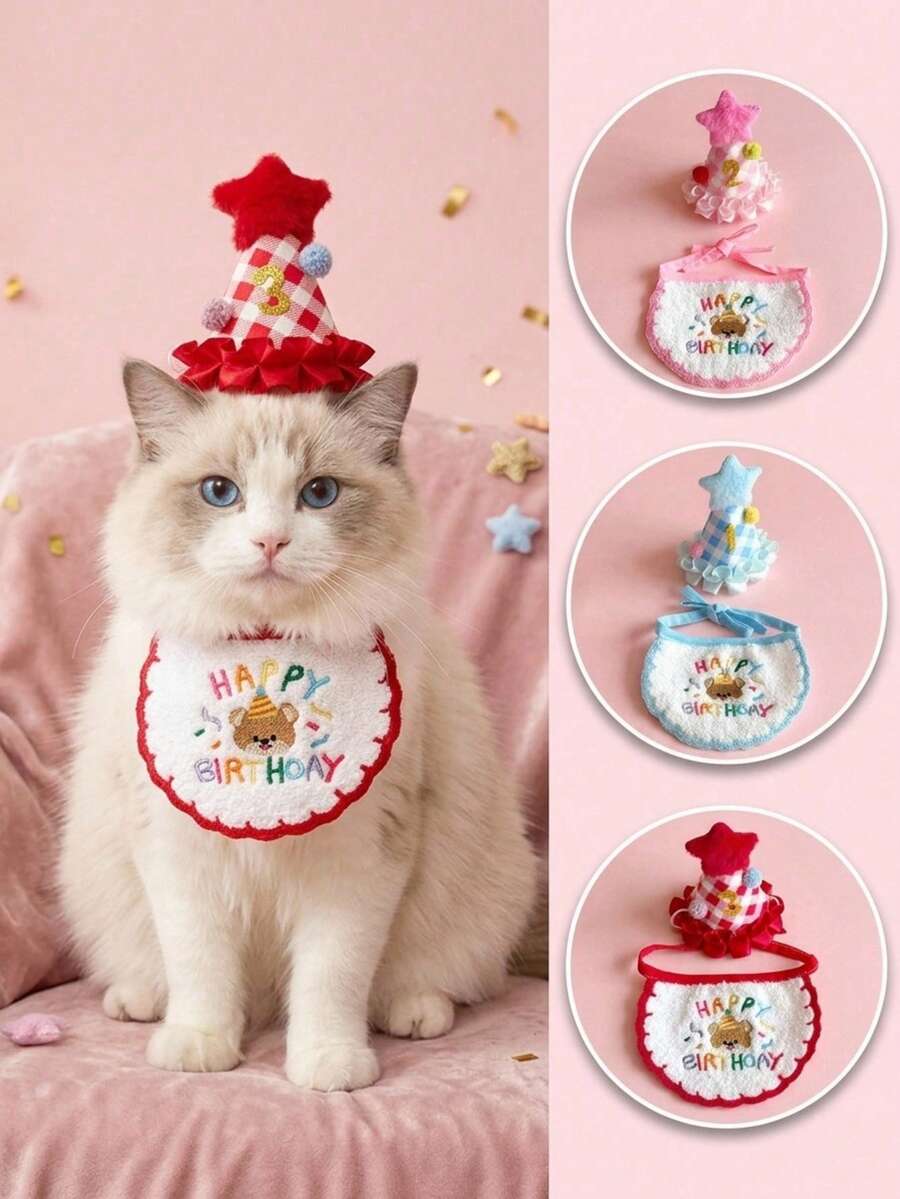 PETSIN 1PC/SET Lovely Puppy Kitten Birthday Party Outfit, Fashion Birthday Hat Saliva Bib Set - Multicolor - View 1
