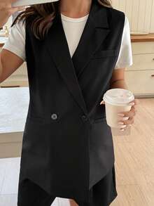Dazy Maternity Solid Color Reversible Collar Sleeveless Vest Daily Wear Black Maternity Regular Outerwear Summer - Black - View 6