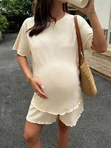 Dazy Maternity Solid Color Casual Loose Short Sleeve Top & Shorts 2-Piece Set, Spring/Summer Daily Wear For Pregnant Women - Yellow - View 6