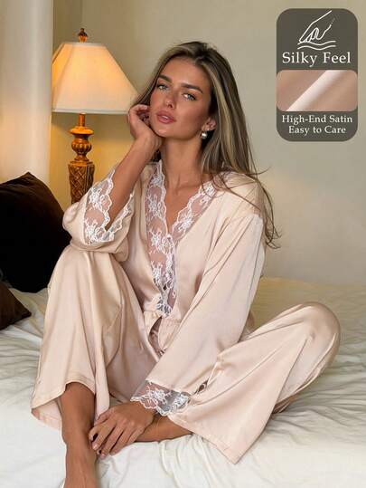 DAZY Women's Elegant Lace Patchwork Top And Pants Pajama Set