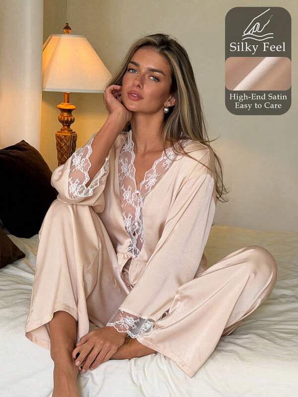 DAZY Women's Elegant Lace Patchwork Top And Pants Pajama Set