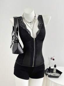 Elamini Blusa estiva sexy da donna con patchwork in pizzo e senza maniche - nero - Visualizzare 6