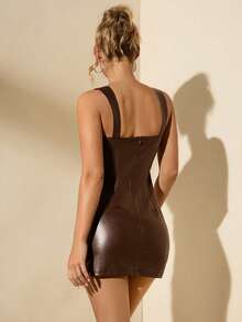 SHEIN BAE Dark Brown PU Leather Halloween Dress Street Sexy Sleeveless Fitted Dress Club Going Out Autumn - Coffee Brown - View 2