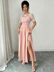 SHEIN Elenzya Women's Casual Short Sleeve Lace Patchwork Fitted Slit Dress - Pink - View 5