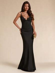 SHEIN BAE Spring/Summer Solid Black Satin Elegant Sexy Lace Patchwork Women's Extra Long Satin Dress Dinner Date - Black - View 1