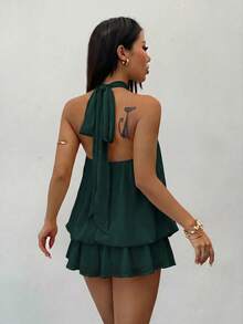 SHEIN PETITE 女款優雅淡黃色掛脖領綁帶迷你洋裝，適合派對、約會，秋冬/春夏穿著 - 墨綠色 - 查看 2