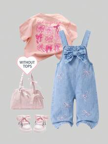 Genkimix Kids 女嬰牛仔吊帶褲，四季通用復古可愛風，淺藍色搭配3D蝴蝶結與粉色蝴蝶結刺繡設計，寬鬆直筒褲管，柔軟舒適面料，時尚百搭，適合上學、通勤與戶外穿著 - 淺藍色 - 查看 1