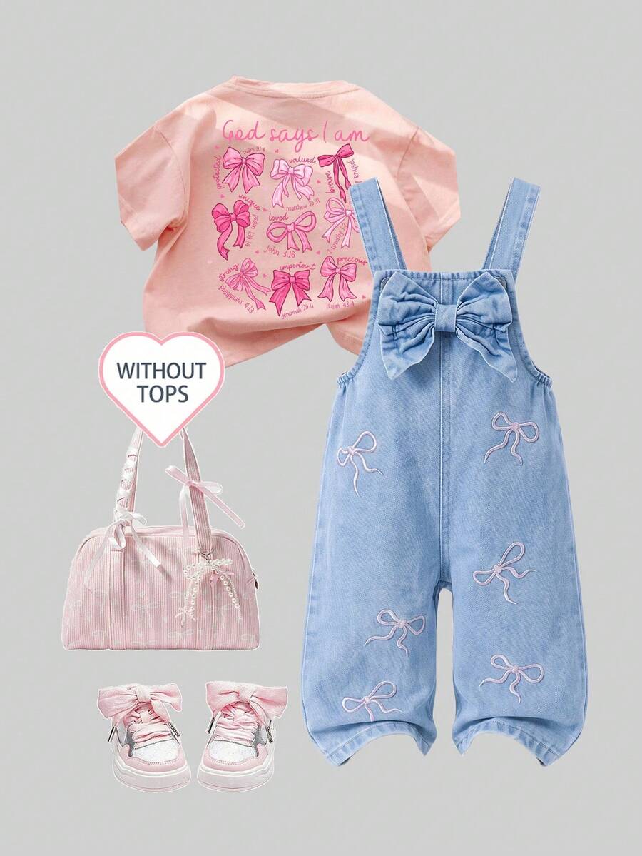 Genkimix Kids 女嬰牛仔吊帶褲,四季通用復古可愛風,淺藍色搭配3D蝴蝶結與粉色蝴蝶結刺繡設計,寬鬆直筒褲管,柔軟舒適面料,時尚百搭,適合上學、通勤與戶外穿著 - 淺藍色 - 查看 1