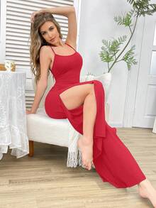 DUSKBASE Mono de tirantes finos acanalado para mujer, ropa de estar por casa - Rojo - Ver 4