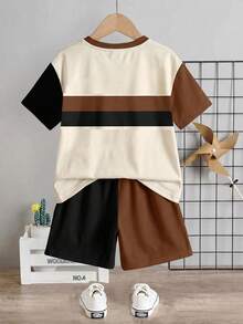 Young Boy Casual Minimalist T-Shirt Set, Classic Retro Striped Pattern Print, Text Logo Print, Suitable For School, Spring Summer Back-To-School - Multicolor - View 2
