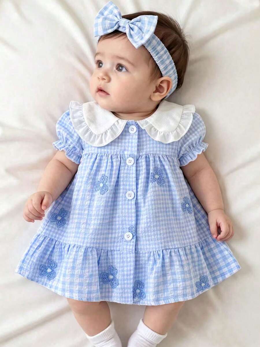 SHEIN Playful Pals Newborn Cute Cartoon Heart Pattern Strapless Bow Decor Dress For Spring And Summer, Outings, Princess Sweet, Vacation And Party - Blue - View 1