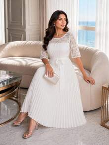 SHEIN Lady CURVE 大尺碼優雅派對蕾絲拼接百褶洋裝 - 白色 - 查看 3