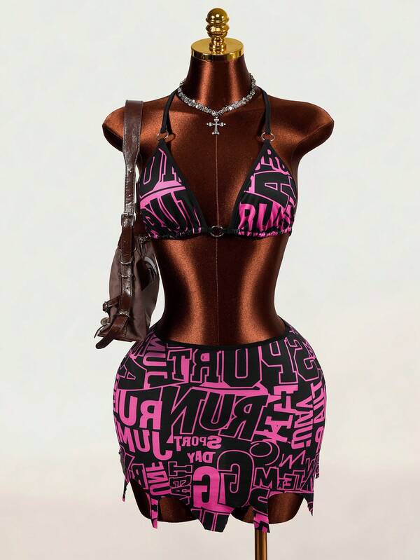 Mistrie Top feminino de verão 2026 novo, sexy, com alças, estampado com letras, bainha assimétrica e saia sexy