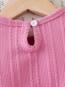 SHEIN Playful Pals 嬰兒女童白色針織紋理布料短袖長袖上衣與粉色燈芯絨裙 T-shirt 兩件套，甜美可愛兒童套裝 - 粉色 - 查看 6