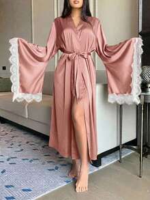 DAZY Charming Bell Sleeve Satin Lace Patchwork Long Women's Nightgown - Pink - View 1