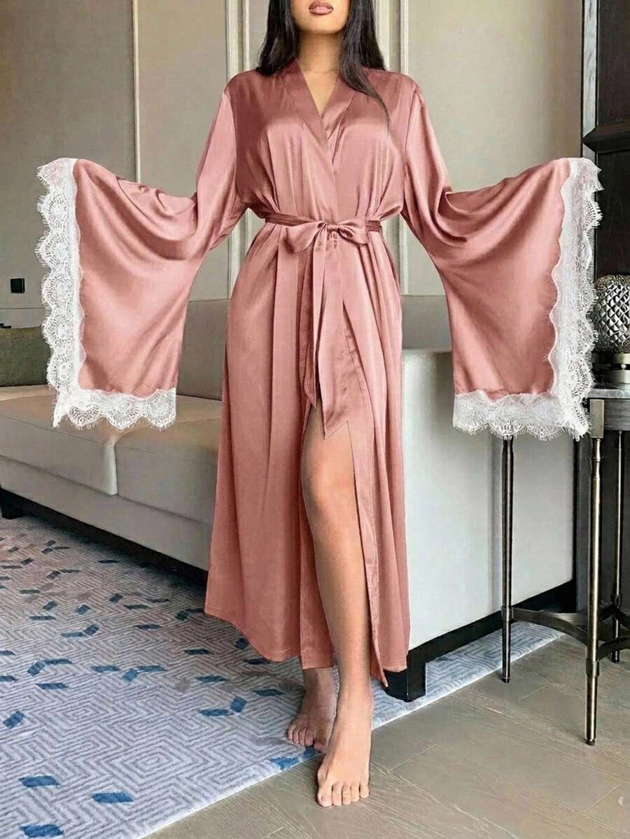 DAZY Charming Bell Sleeve Satin Lace Patchwork Long Women's Nightgown - Pink - View 1