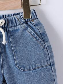 女嬰抽繩腰口袋休閒百搭日常穿著牛仔長褲 - 淺色水洗藍 - 查看 6
