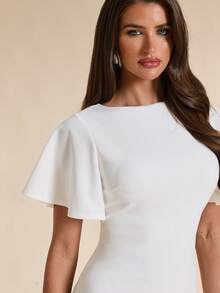 SHEIN BAE Autumn/Winter Solid White Short Sleeve Slim Fit Extra Long Elegant Dress - White - View 3