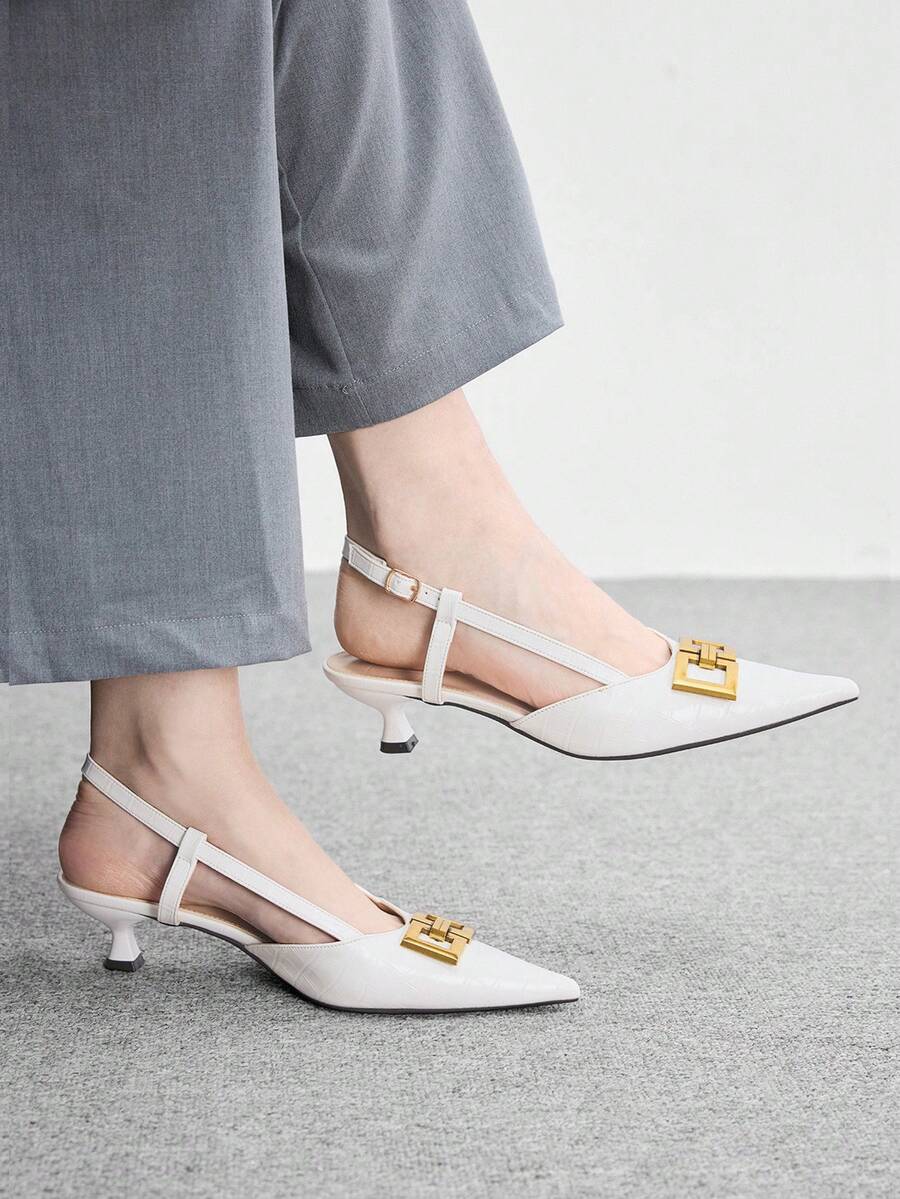 CUCCOO BIZCHIC Pointed Toe Chain Decor Closed Toe Kitten Heel Pumps, Formal Work Shoes For Women For Christmas Valentine's Day Spring Shoes - Chantilly - View 1