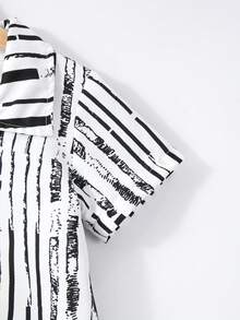 SHEIN 小男孩夏季休閒條紋襯衫與純色短褲兩件套 - 黑色 - 查看 4
