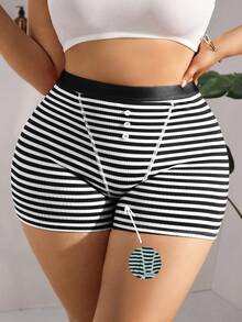 SHEIN 1pc Plus Size Slim Striped Breathable Underwear - Black and White - View 2