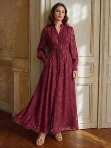 Anewsta Going Out Small Stand Collar V-Neck Lantern Long Sleeve Semi-Sheer Cinched Waist Floral Fabric Elegant Modern Long Dress Women Thanksgiving Outfit Christmas Theme Festival Spring Outfits For Women Vacation Outfits Woman - Burgundy - View 2