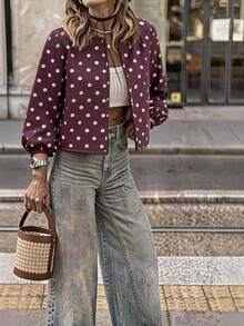 Travachic Women's Polka Dot Print Long Sleeve Versatile Casual Jacket - Coffee Brown - View 1