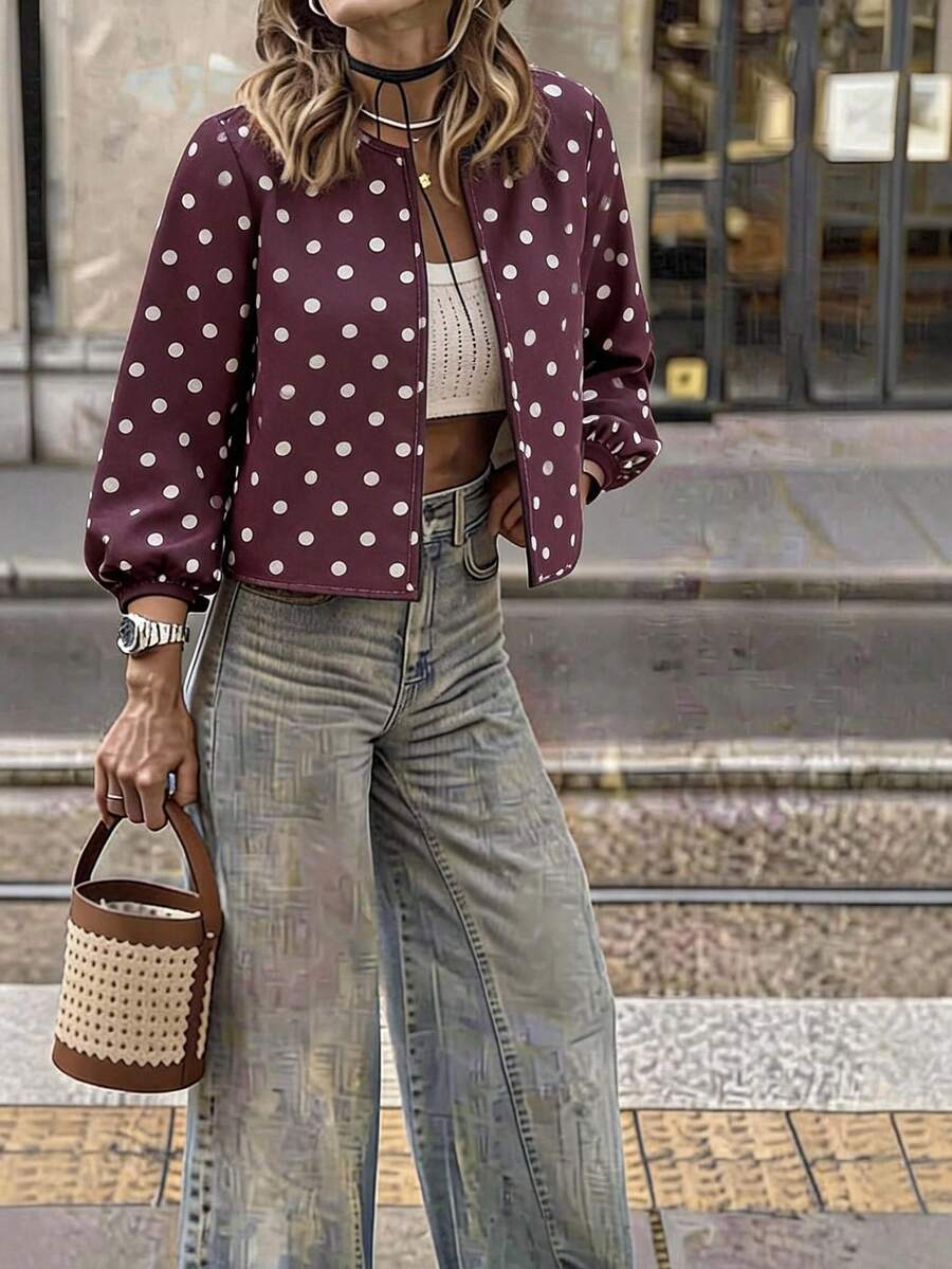 Travachic Women's Polka Dot Print Long Sleeve Versatile Casual Jacket - Coffee Brown - View 1