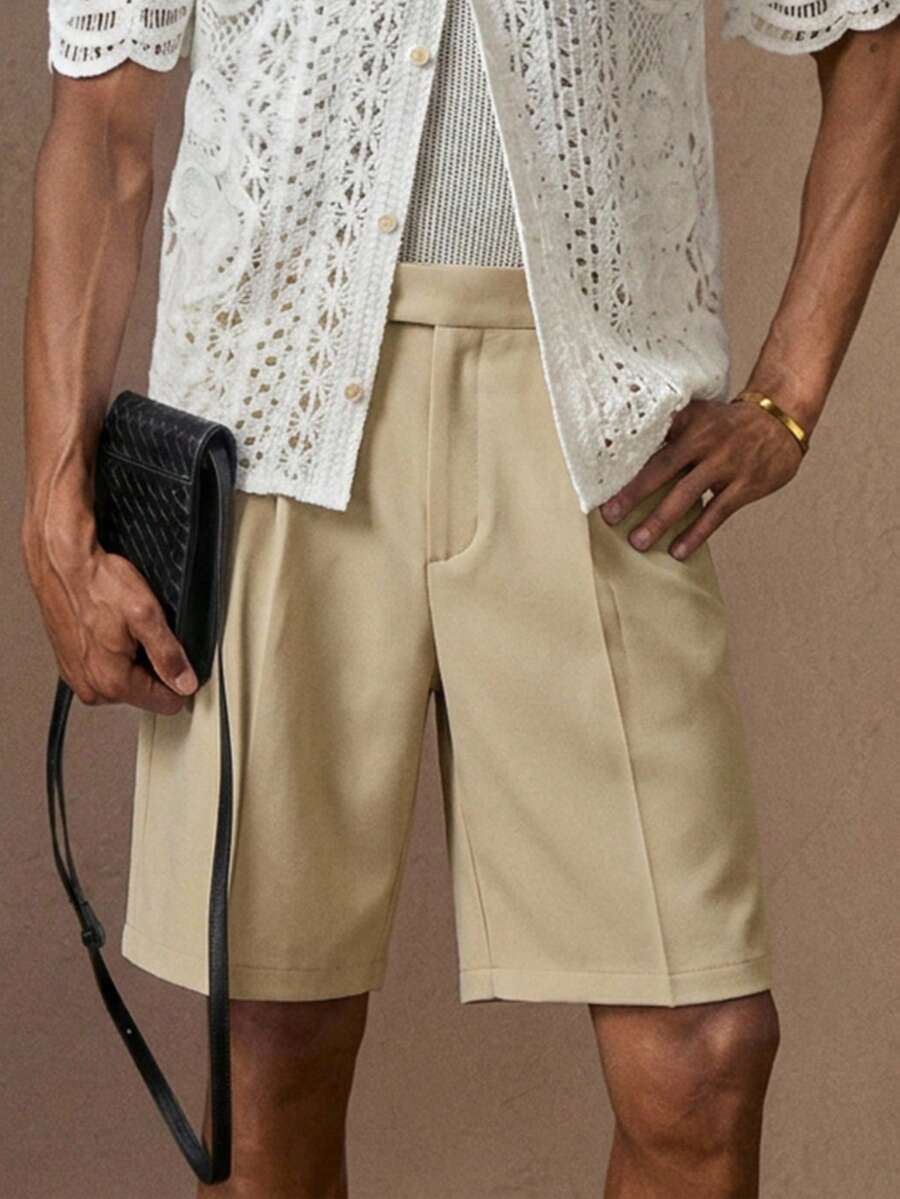 AKNOTIC Men's Cream Bermuda Shorts, Relaxed Fit & Button Closure. Lightweight Linen-Blend Fabric, Side Pockets. Perfect For Beach Vacations & Summer Style. - Khaki - View 1