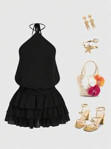 ROMWE Vestido mini de moda para mujer de unicolor con cuello halter, lazo y fruncido para citas - Negro - Ver 5