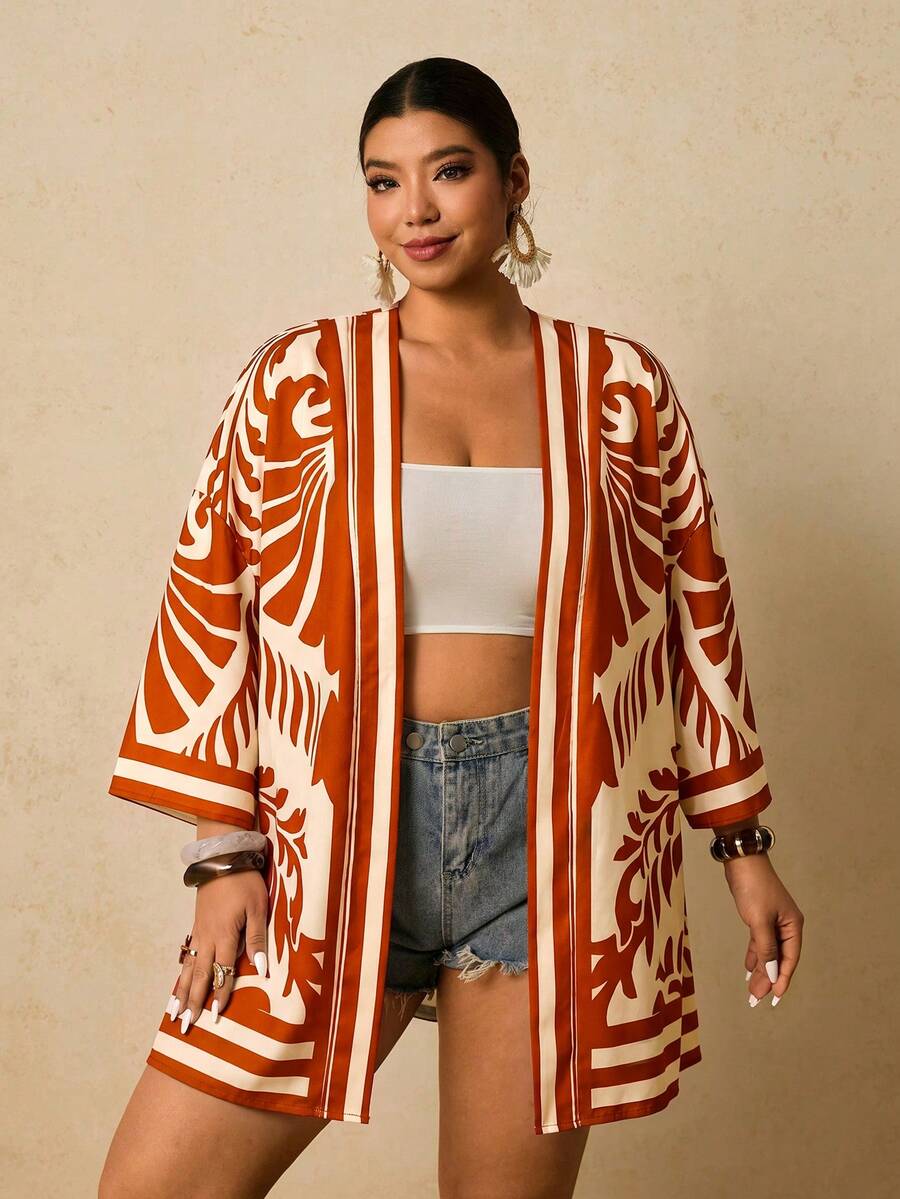 Travachic 大尺碼女款熱帶印花寬鬆落肩和服式罩衫，泳裝海灘度假，新年、感恩節、聖誕節，波希米亞風