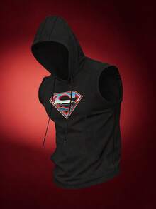 SUPERMAN X SHEIN Men's Letter Print Hooded Sports Tank Top, Gym - Black - View 3