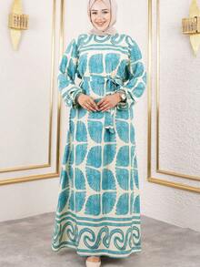 Women's Abstract Motif Print Long Sleeve Long Dress - Mint Green - View 4