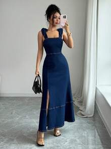 SHEIN Clasi 女款休閒修身派對通勤時尚開衩肩帶深色牛仔洋裝 - 深色水洗藍 - 查看 8