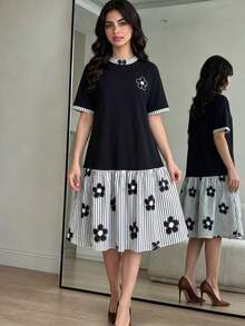 SHEIN Teen Girl Kids Preppy Style Patchwork Dress, Black Knit Black And White Striped Collar, Bottom Part Patchwork Striped Pleated Skirt Echoes The Top, Overall Style Fresh And Youthful, Suitable For Daily Commute Or Casual Wear - Black - View 7