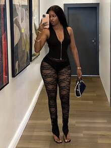 Glyssa Fashion Sexy Laced Sheer Lace Leggings Ibiza Party Night Black Summer - Black - View 5