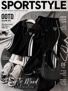 Resyla Conjunto de top de manga corta con cuello alto y pantalones casuales - Negro - Ver 6