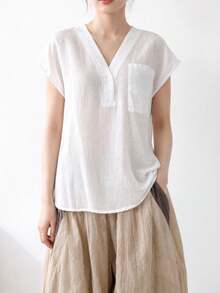 SHEIN 女款亞麻苧麻舒適寬鬆V領襯衫，夏季新款，鈕扣細節，常規長度上衣，度假全白休閒風 - 白色 - 查看 5