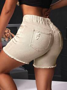 SHEIN SXY 女款口袋磨損毛邊抽繩腰牛仔短褲 - 卡其色 - 查看 2