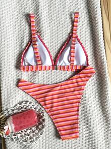 Swim Vcay Bikini 2 Potong Motif Garis-garis Oranye Pink Musim Semi/Panas 2026 dengan Tali Tebal dan Bagian Belakang yang Dapat Diatur, Potongan Tinggi, Cocok untuk Liburan Pantai dan Pemotretan - MultiWarna - View 7