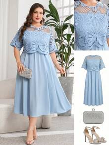Reflora Plus Size Elegant Party Solid Color Hollow-Out Patchwork Dress - Blue - View 12