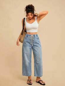 Travachic Women's High-Waisted Loose-Fitting Drawstring Belt Pocket Casual Streetwear Tapered Jeans Cropped Length Light Blue Summer Back-To-School Y2K Travel - Medium Wash - View 9