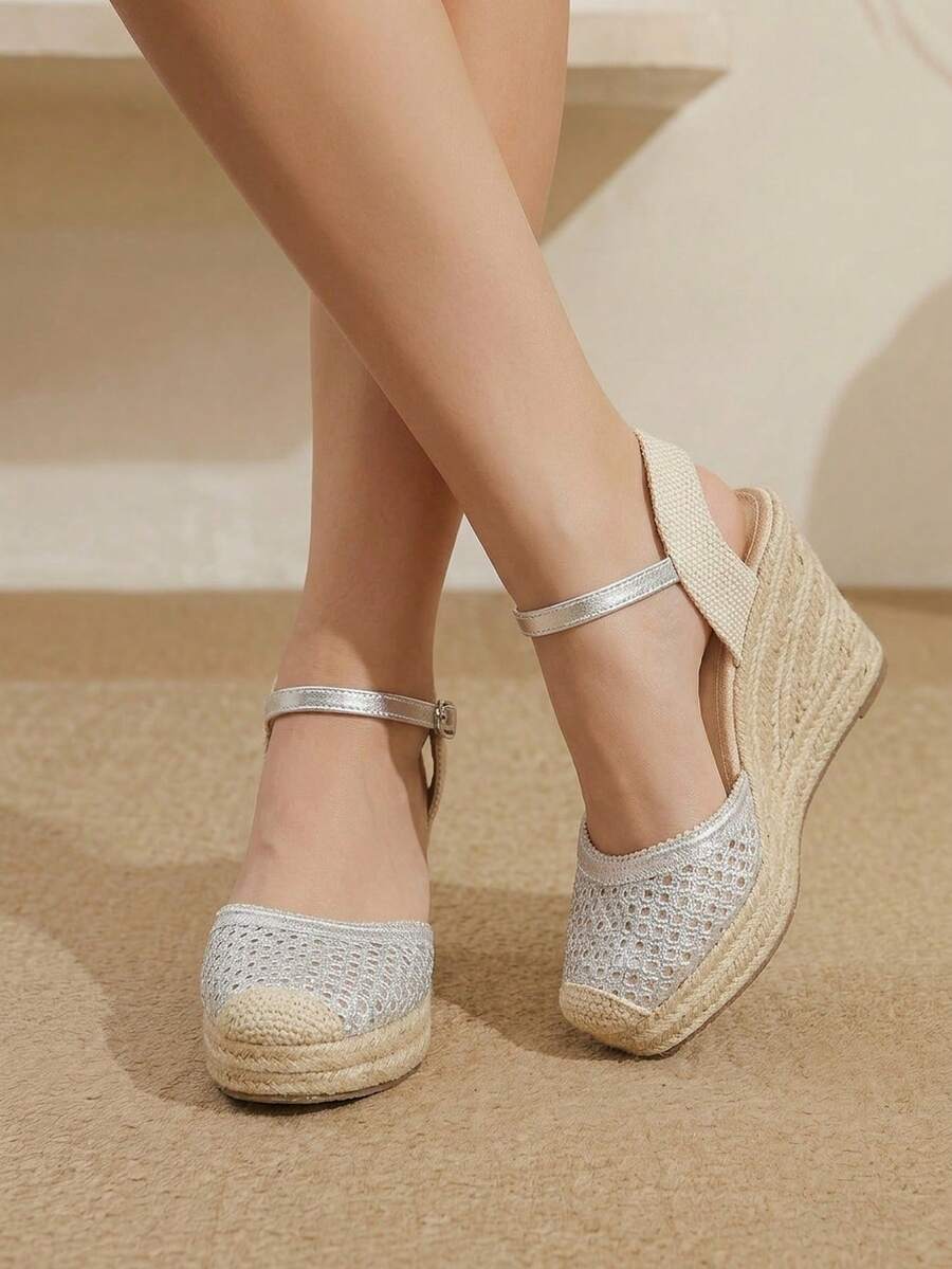 Styleloop 女款楔形跟厚底鏤空露跟編織沙灘度假風涼鞋 - 銀色 - 查看 1