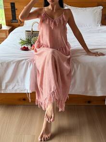 DAZY Women's Solid Color Lace Patchwork Cami Nightgown Summer - Orange - View 6