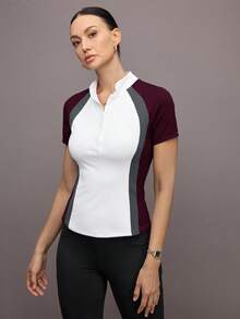 Activina Women's Contrast Color Patchwork Short Sleeve Equestrian Top - White - View 3