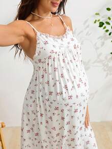 SHEIN French Ditsy Floral Camisole Nightgown, Lace Trim, Bow Decor, Loose Fit, Summer, Maternity Photoshoot, Loungewear, Dress White - Multicolor - View 2
