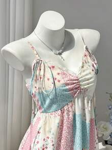Elamini Women's Floral Print Pleated Casual Party Spaghetti Strap Dress Sweet Vintage-Style Mini Dress With Adjustable Lace-Up Straps And Cottagecore Vibes - Multicolor - View 3