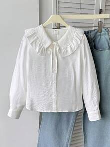 SHEIN Tween少女白色梭織荷葉領休閒長袖襯衫上衣 - 白色 - 查看 6